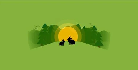 Vector illustration of a beautiful Spring landscape with sunrise and rabbits. Stock Illustration