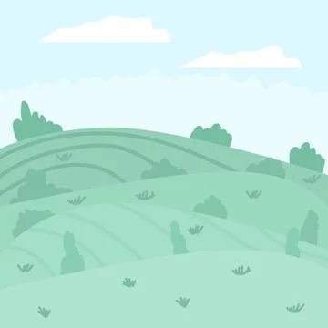 Vector illustration of beautiful summer fields landscape. Cute green hills, b Stock Illustration