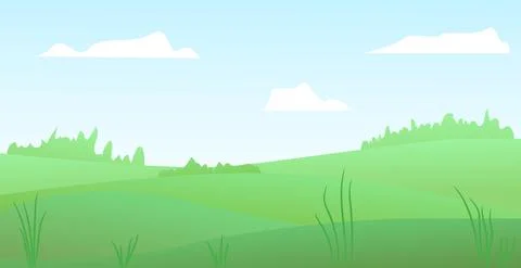 Vector illustration of beautiful summer fields landscape. Cute green hills, b Stock Illustration