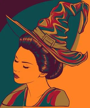 Vector illustration of beautiful witch in a classic hat Stock Illustration
