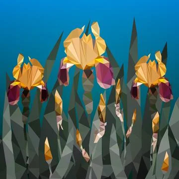 Vector illustration with beautiful yellow iris flower from triangles. Spring  Illustrazione stock