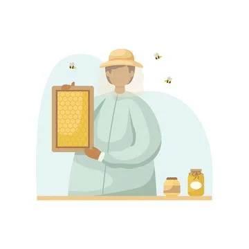 Vector illustration of a beekeeper with a honeycomb in his hands. Profession. Stock Illustration