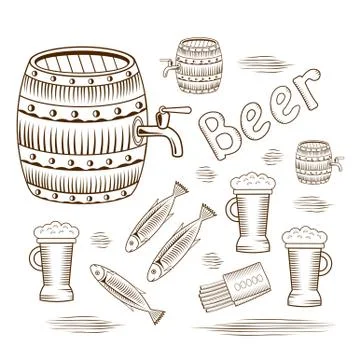 Vector illustration of a beer barrel, mug and fish. Stock Illustration
