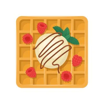 Vector illustration of a Belgian waffle with a ball of ice cream, raspberries Illustrazione stock