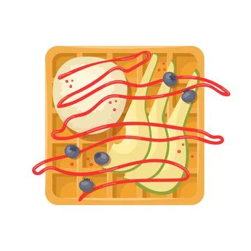 Vector illustration of a Belgian waffle with a ball of ice cream, pears, blue Stock Illustration