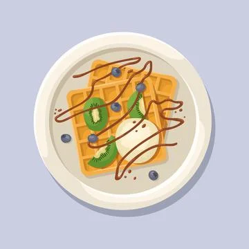 Vector illustration of a Belgian waffle with a ball of ice cream, kiwi, blueb Illustrazione stock