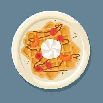 Vector illustration of a Belgian waffle with a ball of ice cream, apricot, ra Stock Illustration
