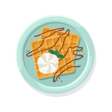 Vector illustration of a Belgian waffle with whipped cream and chocolate sauc Stock-Illustration