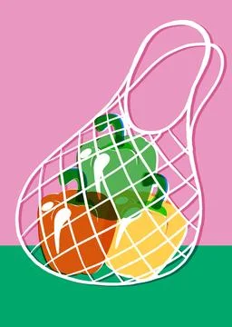 Vector Illustration of Bell Peppers in a Reusable Mesh Net Bag Stock Illustration