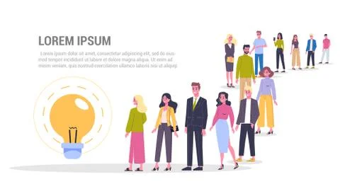 Vector illustration of big queue of people standing towards an idea. Stock Illustration
