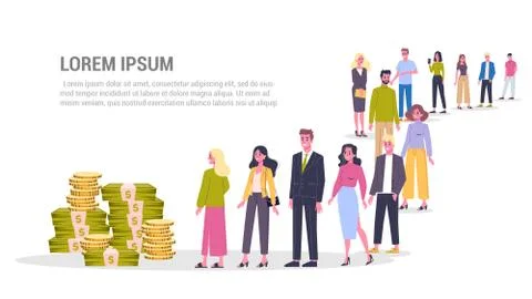 Vector illustration of big queue of people standing towards money Stock Illustration