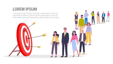 Vector illustration of big queue of people standing towards a taget. Stock Illustration