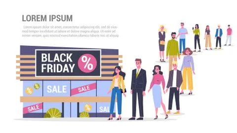 Vector illustration of big queue of people standing towards a shop Illustration