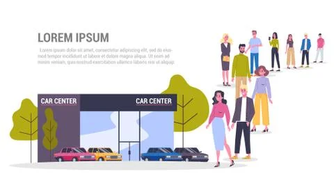 Vector illustration of big queue of people standing towards a car center Stock Illustration