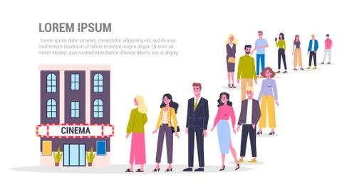Vector illustration of big queue of people standing towards a cinema Stock Illustration