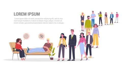 Vector illustration of big queue of people standing towards an therapist. Stockillustratie