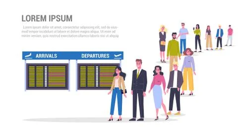 Vector illustration of big queue of people standing towards an airport. Stock Illustration
