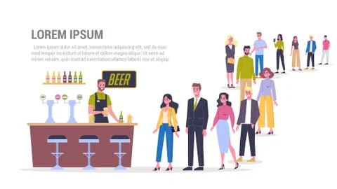 Vector illustration of big queue of people standing towards a bar to buy Stock Illustration