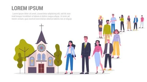 Vector illustration of big queue of people standing towards a church Stock Illustration