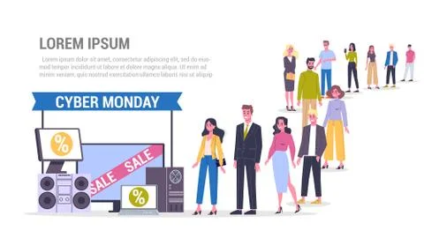 Vector illustration of big queue of people standing towards Big cyber monday Stock Illustration