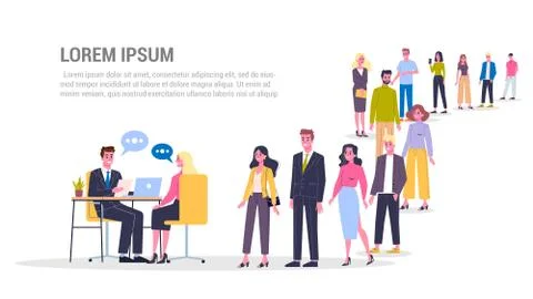 Vector illustration of big queue of people standing towards a manager Stock Illustration