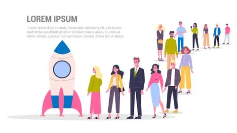 Vector illustration of big queue of people standing towards a rocket. Stockillustratie