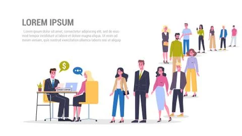 Vector illustration of big queue of people standing towards a credit expert. Stock Illustration