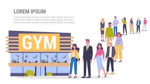 Vector illustration of big queue of people standing towards a gym center. Stock Illustration