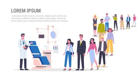 Vector illustration of big queue of people standing towards a dentist. Illustrazione stock