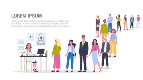 Vector illustration of big queue of people standing towards an oculist. イラスト素材