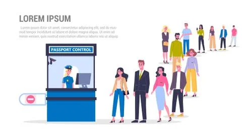 Vector illustration of big queue of people standing in the airport Stockillustratie