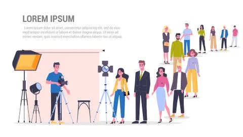 Vector illustration of big queue of people standing towards a photo studio Stock Illustration