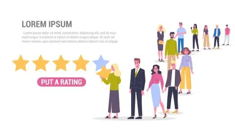 Vector illustration of big queue of people standing towards a rating system Illustrazione stock