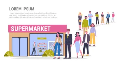 Vector illustration of big queue of people standing towards a supermarket Stock Illustration