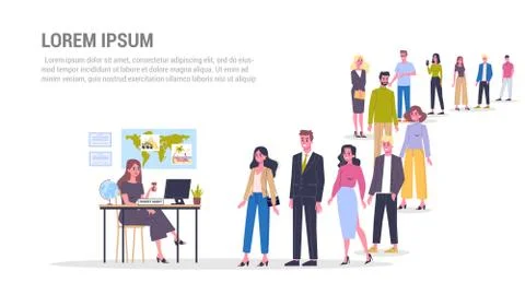 Vector illustration of big queue of people standing towards a travel agency Stock Illustration