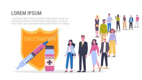 Vector illustration of big queue of people standing towards a vaccination. Stock Illustration