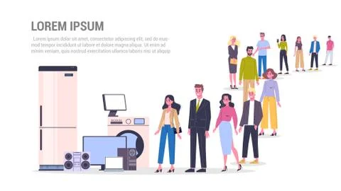 Vector illustration of big queue of people standing towards a technic to buy it. Stock Illustration