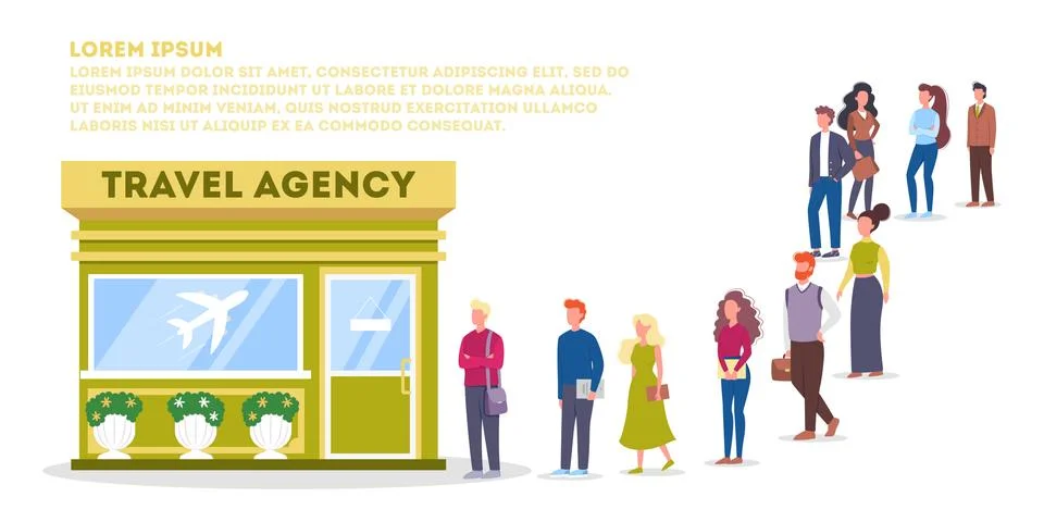 Vector illustration of big queue of people standing towards a travel agency Stock Illustration