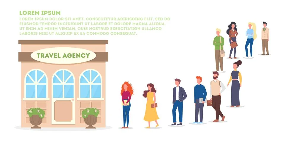 Vector illustration of big queue of people standing towards a travel agency Stockillustratie