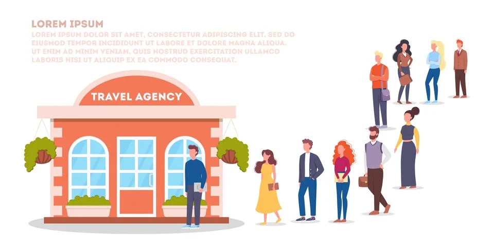 Vector illustration of big queue of people standing towards a travel agency Stock Illustration