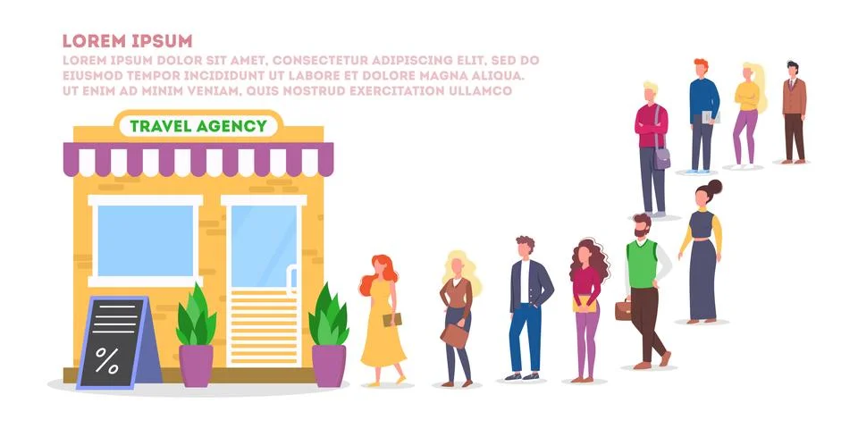 Vector illustration of big queue of people standing towards a travel agency Stock Illustration
