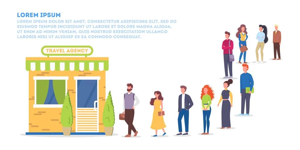 Vector illustration of big queue of people standing towards a travel agency Stock Illustration