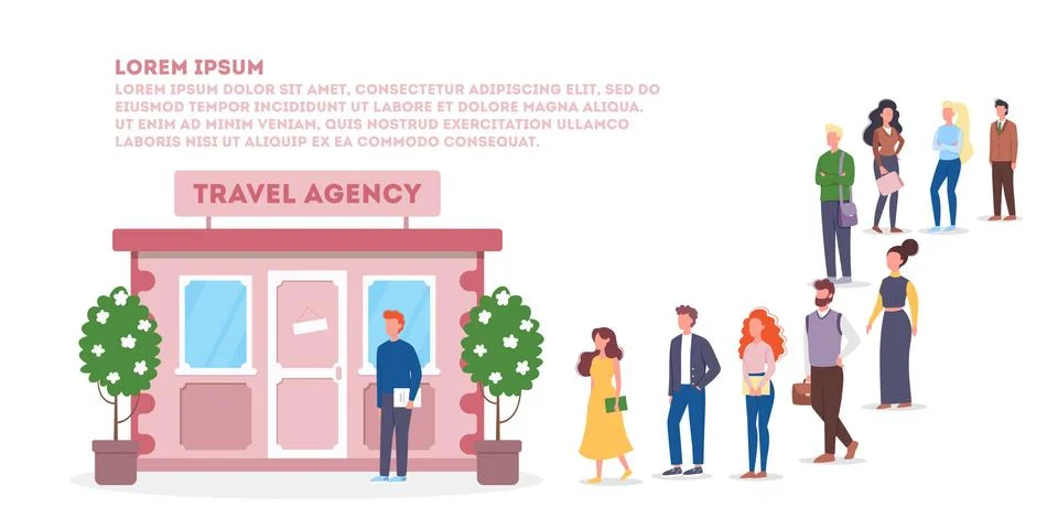 Vector illustration of big queue of people standing towards a travel agency Stock Illustration