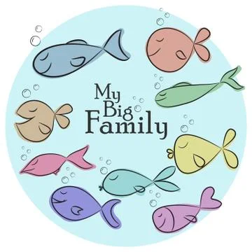Vector Illustration with big set of funny fishes and My Big Family phrase Stock Illustration
