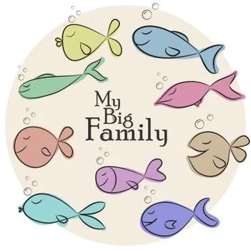 Vector Illustration with big set of funny fishes and My Big Family phrase Stock Illustration