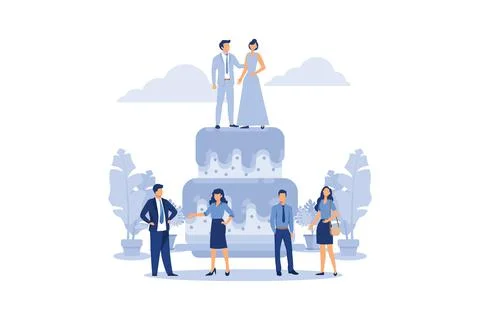 Vector illustration of a big wedding cake with a pair of bride and groom, inv Stock Illustration