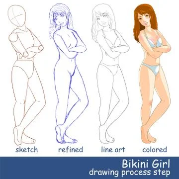 Vector illustration Bikini Girl with drawing process step Stock Illustration