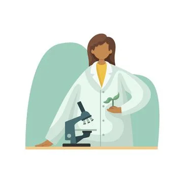 Vector illustration of a biologist in a white coat studying a plant under a m Illustrazione stock