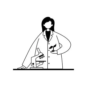 Vector illustration of a biologist in a white coat studying a plant under a m Illustrazione stock
