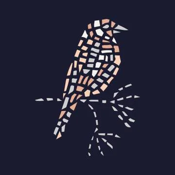 Vector Illustration of a bird on a branch in abstract mosaic geometric style Stock Illustration